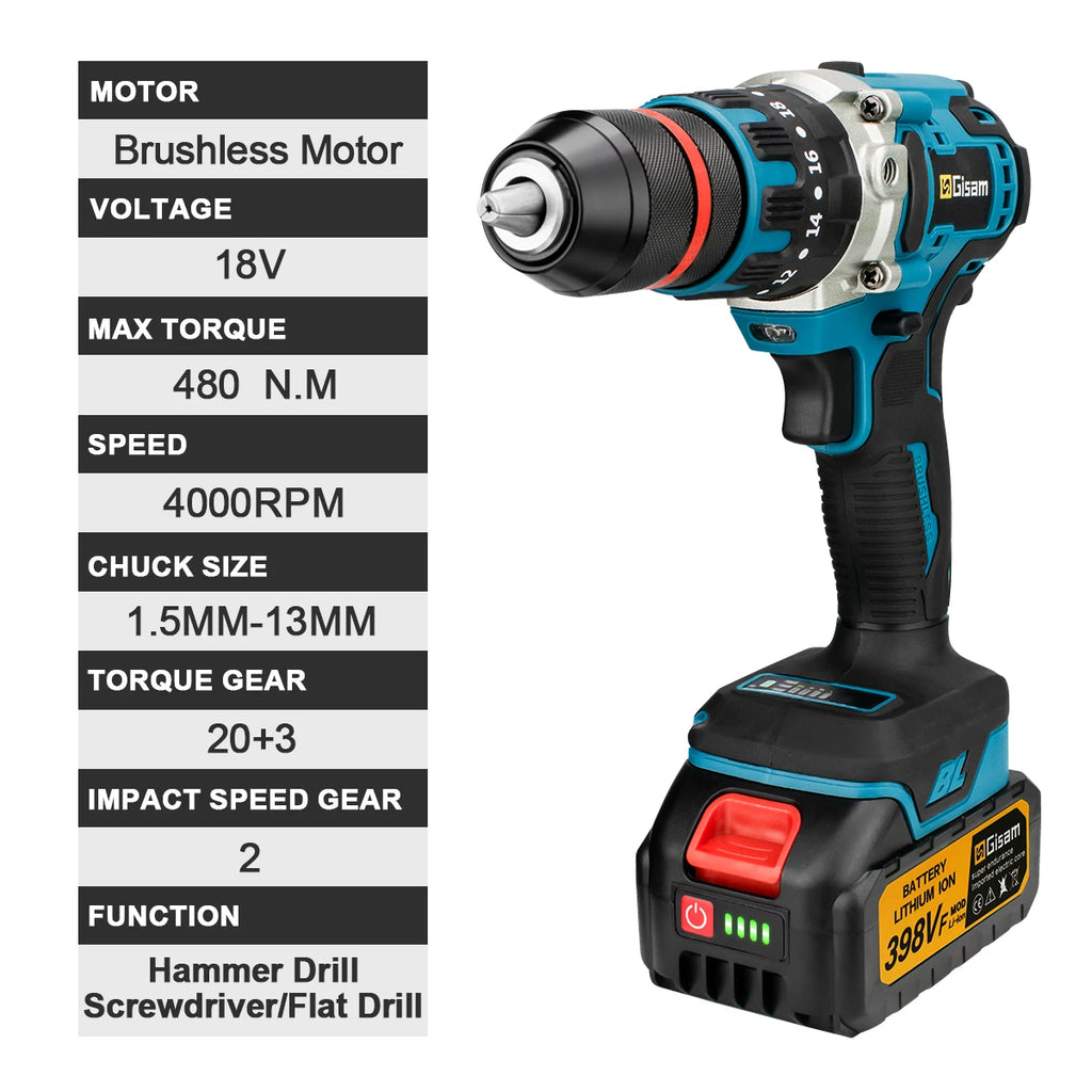 Trapano a percussione elettrico senza spazzole da 480N.M. Trapano a batteria da 13 mm