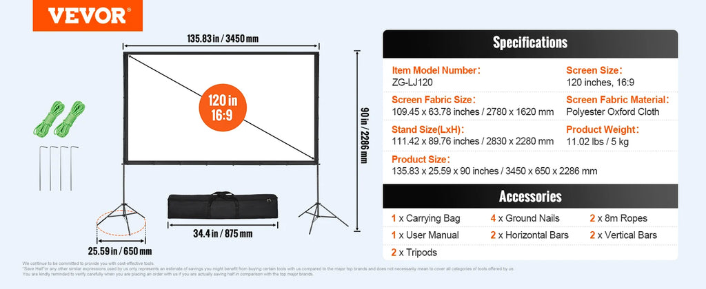 Schermo per proiettore SucceBuy con supporto da 100, 120 e 150 pollici, 16:9, 4K, 1080 HD, schermo di proiezione portatile per home office, cinema