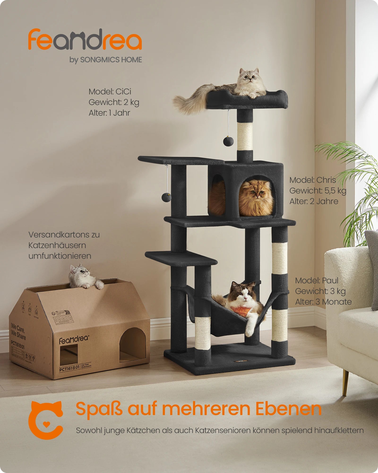 gioco per gatti, 143 cm high, cat tree, multi-storey cat house, with 4 scratching pillars, 2 platforms, hammock, Cave
