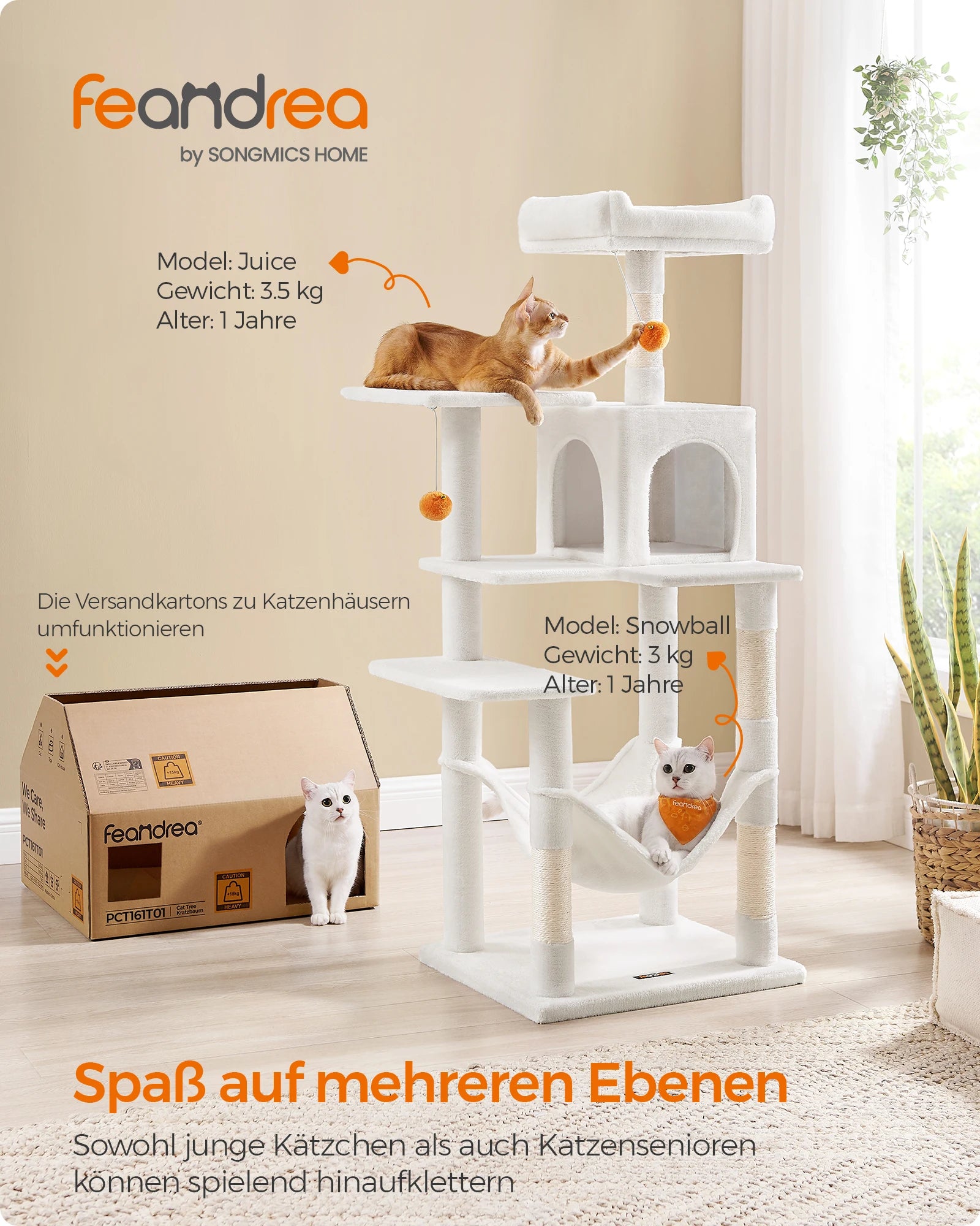 gioco per gatti, 143 cm high, cat tree, multi-storey cat house, with 4 scratching pillars, 2 platforms, hammock, Cave