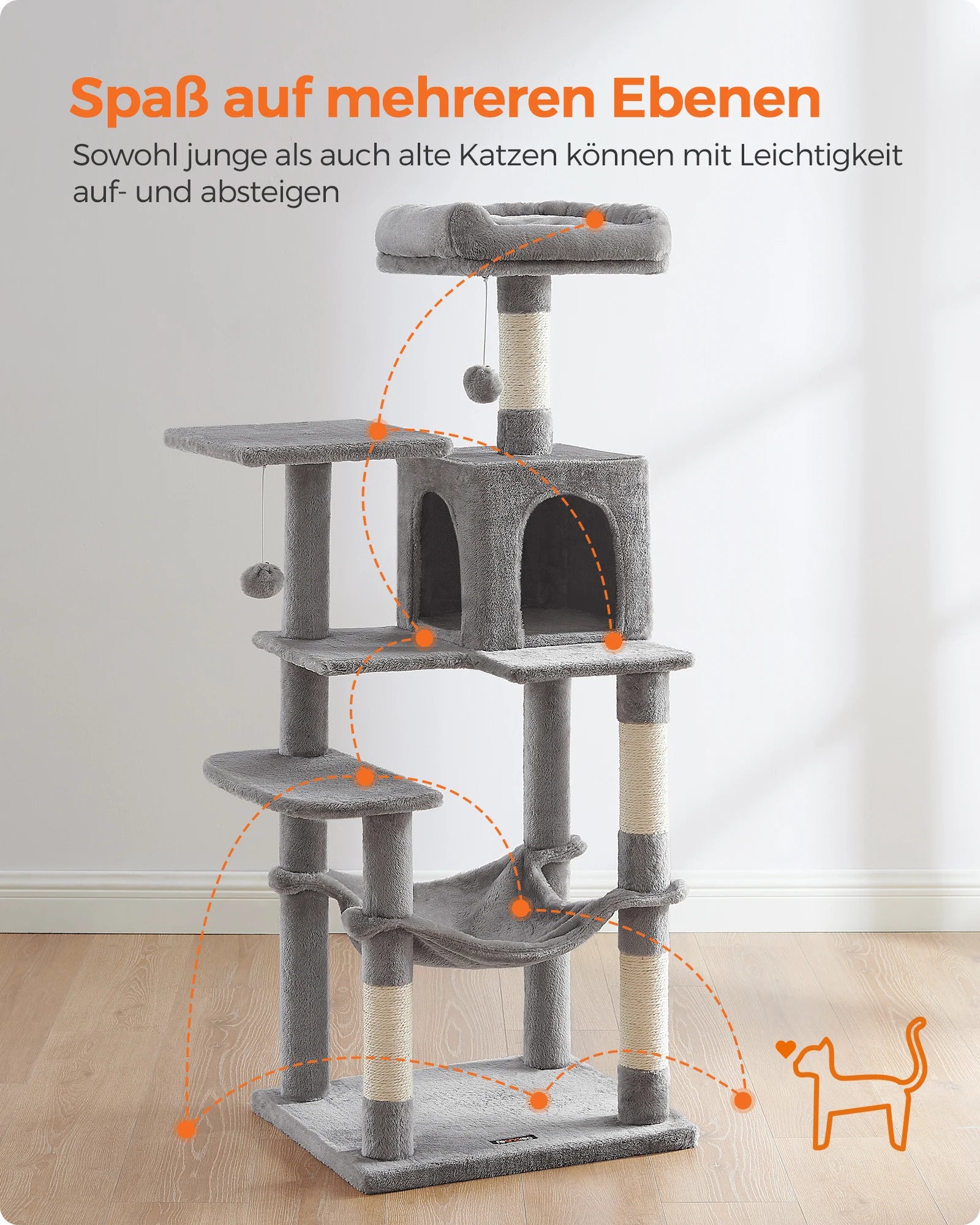 gioco per gatti, 143 cm high, cat tree, multi-storey cat house, with 4 scratching pillars, 2 platforms, hammock, Cave