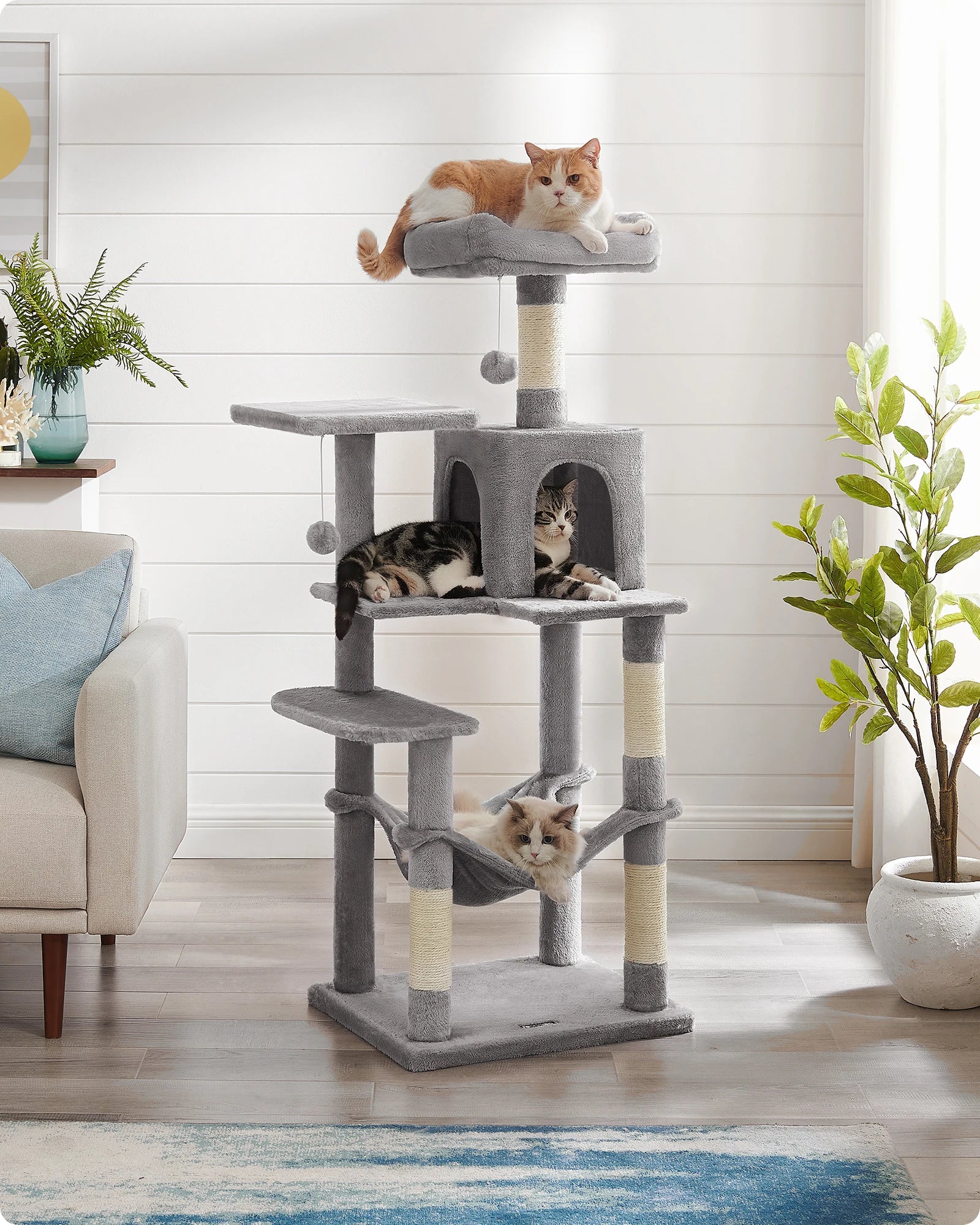 gioco per gatti, 143 cm high, cat tree, multi-storey cat house, with 4 scratching pillars, 2 platforms, hammock, Cave