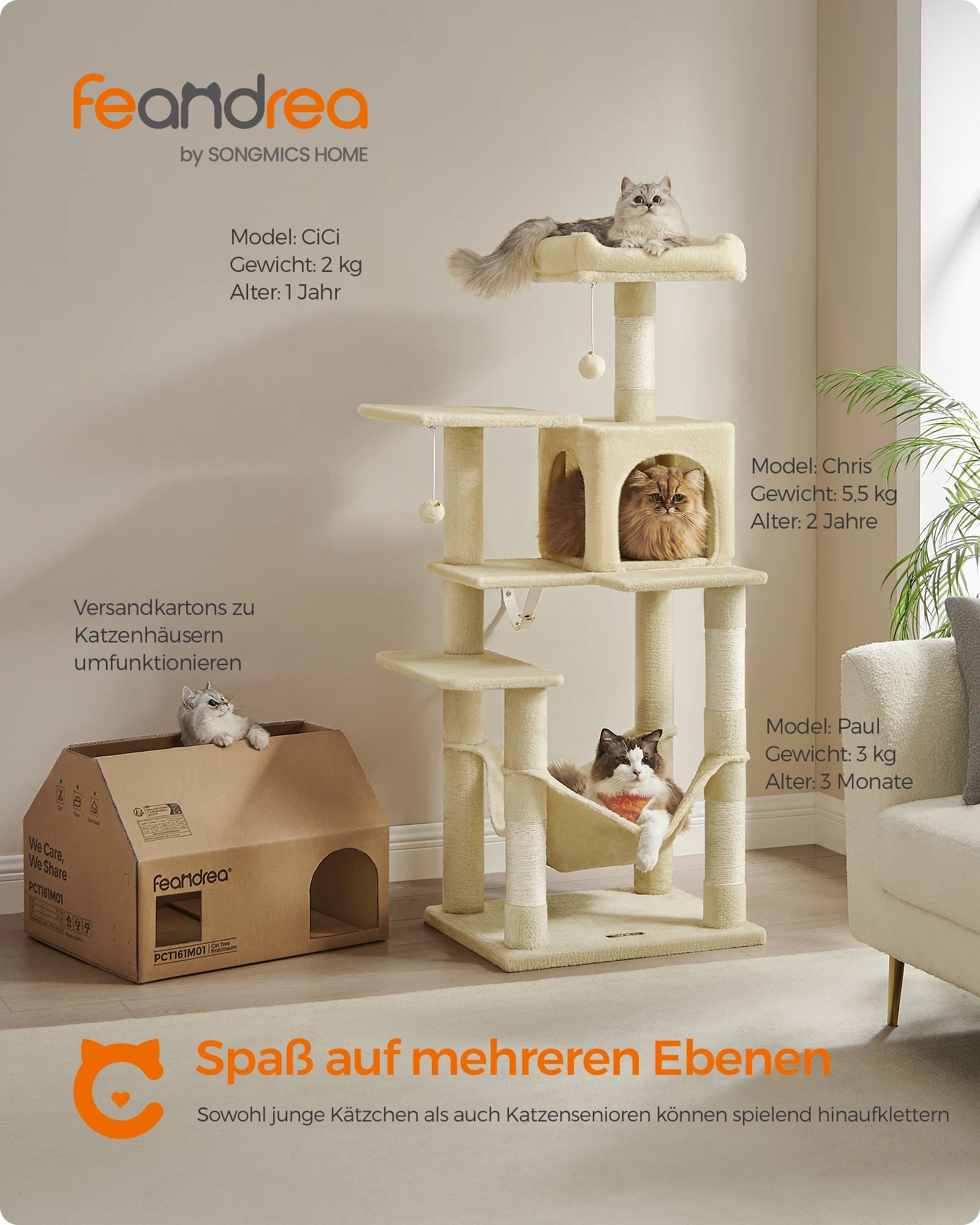 gioco per gatti, 143 cm high, cat tree, multi-storey cat house, with 4 scratching pillars, 2 platforms, hammock, Cave