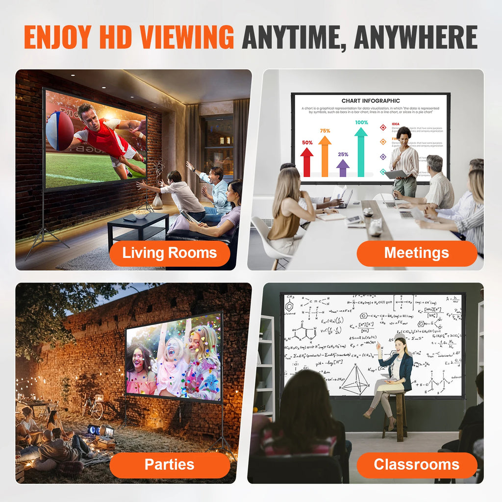 Schermo per proiettore SucceBuy con supporto da 100, 120 e 150 pollici, 16:9, 4K, 1080 HD, schermo di proiezione portatile per home office, cinema