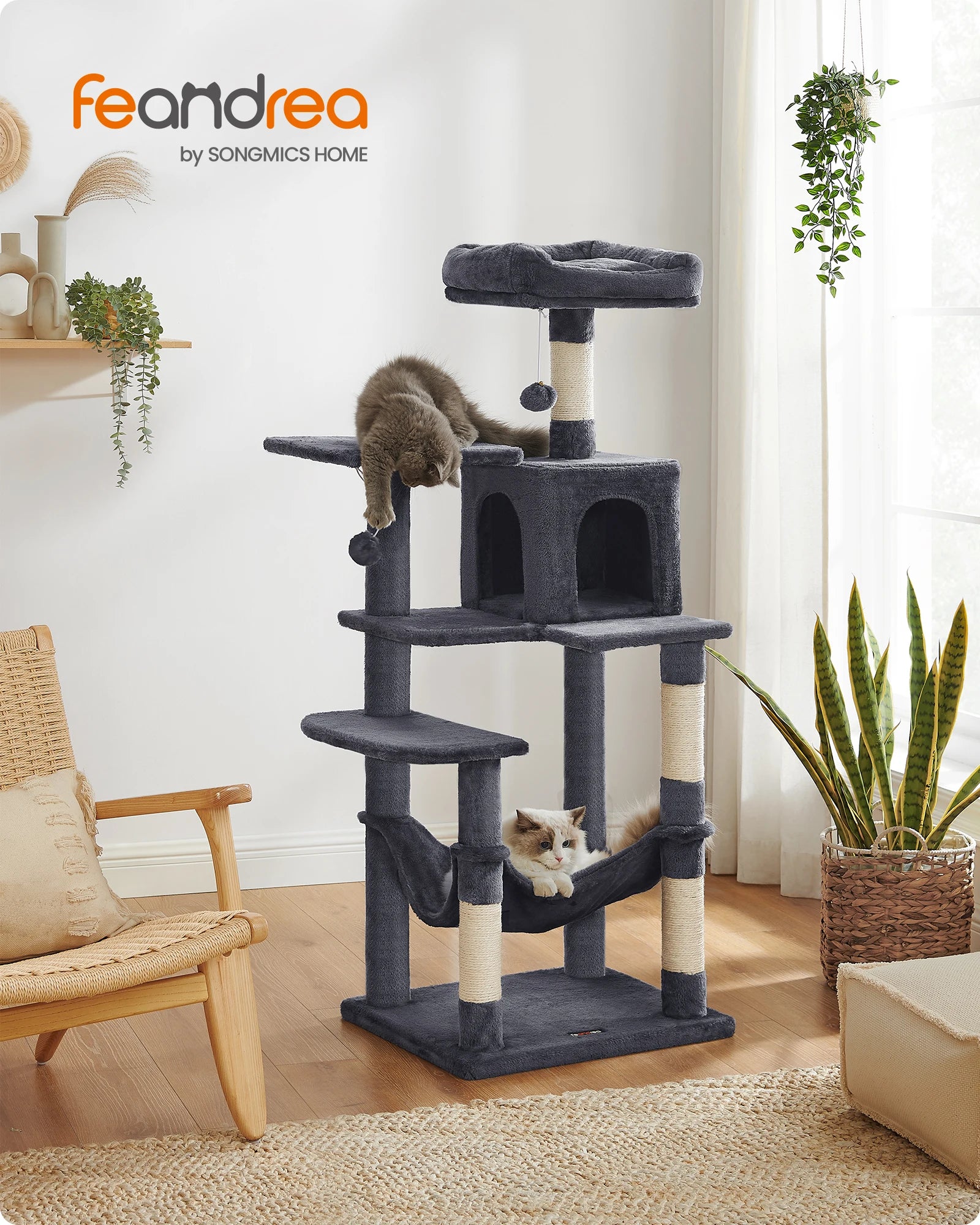 gioco per gatti, 143 cm high, cat tree, multi-storey cat house, with 4 scratching pillars, 2 platforms, hammock, Cave