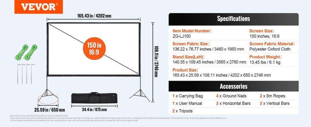 Schermo per proiettore SucceBuy con supporto da 100, 120 e 150 pollici, 16:9, 4K, 1080 HD, schermo di proiezione portatile per home office, cinema