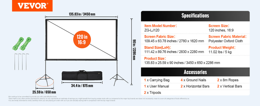 Schermo per proiettore SucceBuy con supporto da 100, 120 e 150 pollici, 16:9, 4K, 1080 HD, schermo di proiezione portatile per home office, cinema